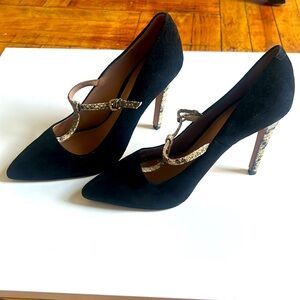 *Like new* worn once black suede pumps with snakeskin heel and strap detail